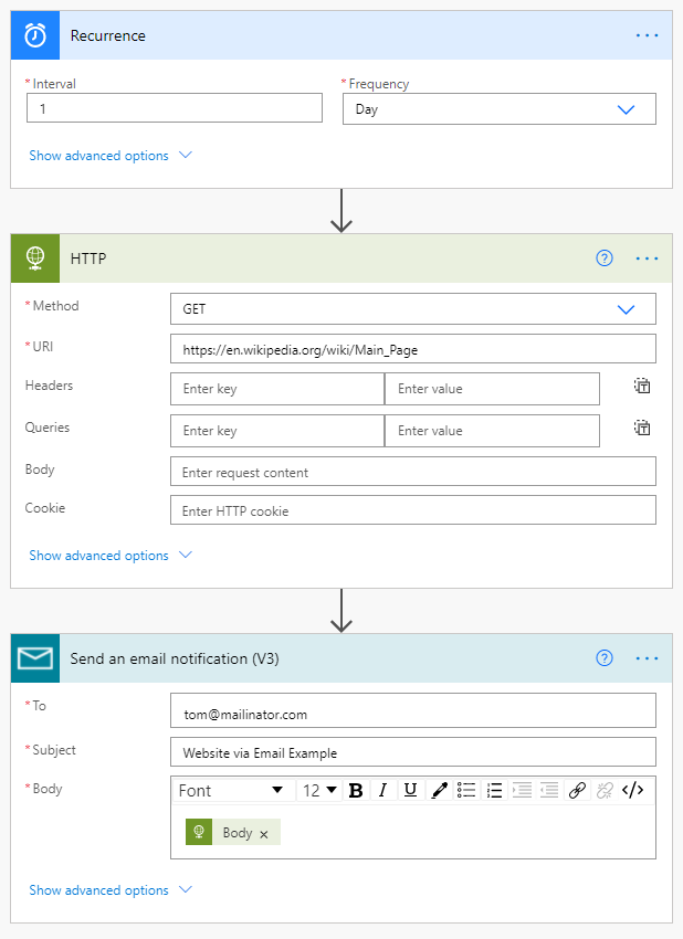screenshot of MIcrosoft Power Automate designer with a flow showing how to email the contents of a website at a set time.