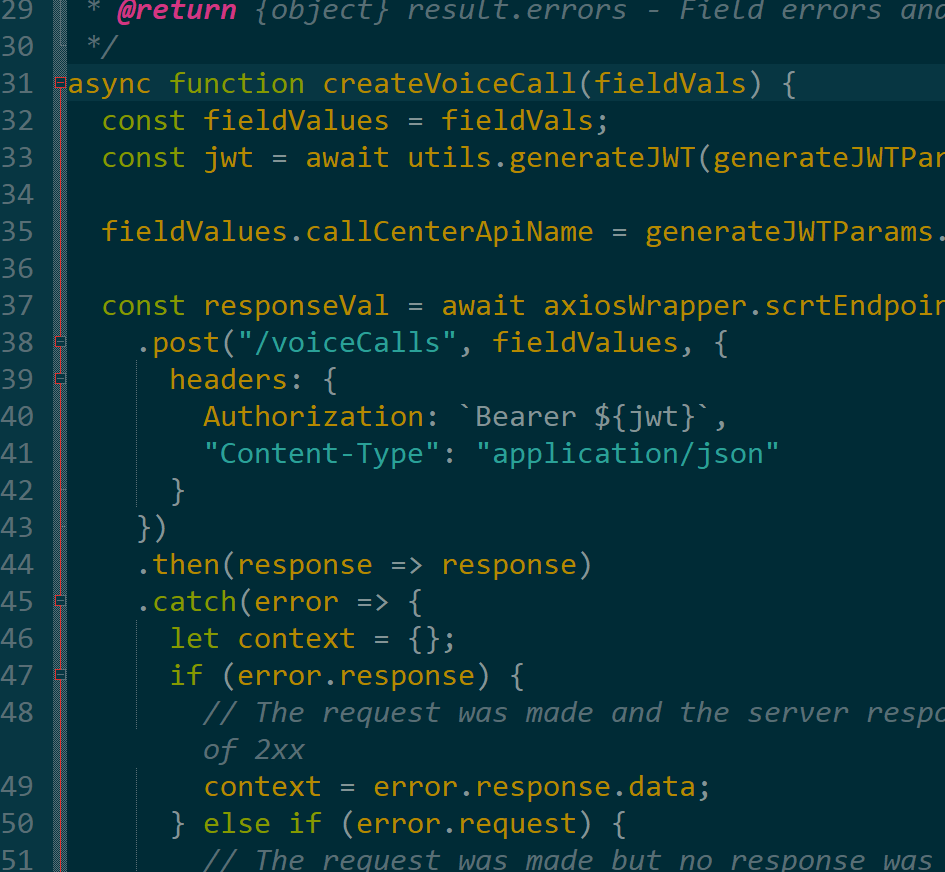 createVoiceCall method within the telephonyIntegrationApi.js file of the InvokeTelephonyIntegrationApiFunction Lambda.