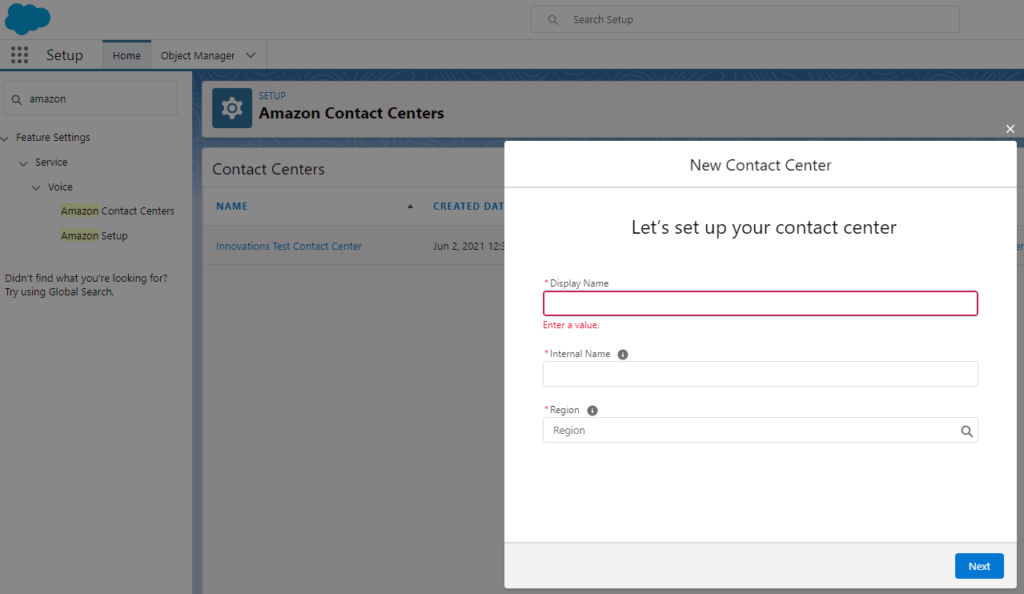 The add screen for creating a new Contact Center