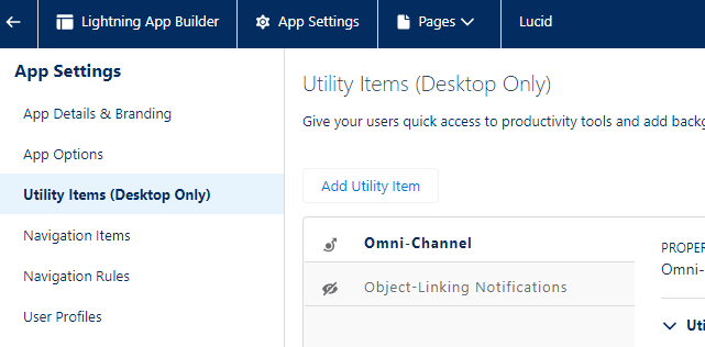 Utility Items section of Lightning App Builder