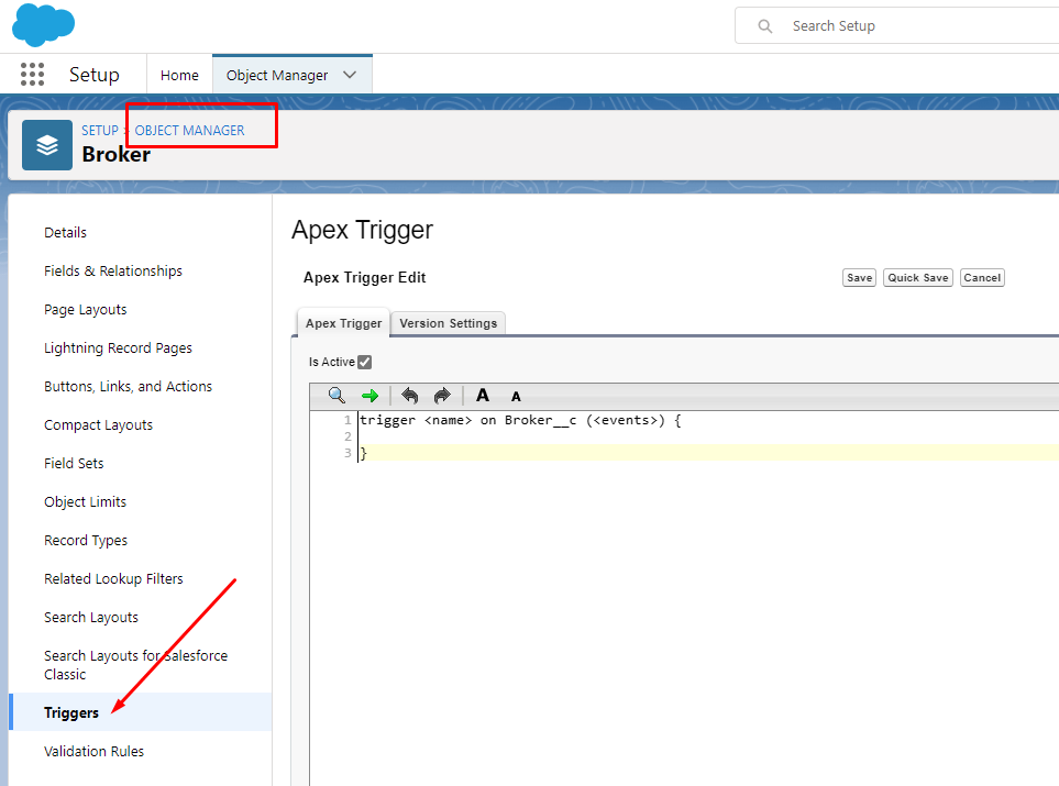 Salesforce screen to define a new Apex trigger