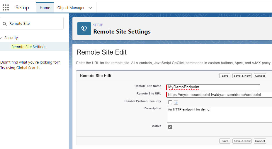Remote Site Settings screen in Salesforce