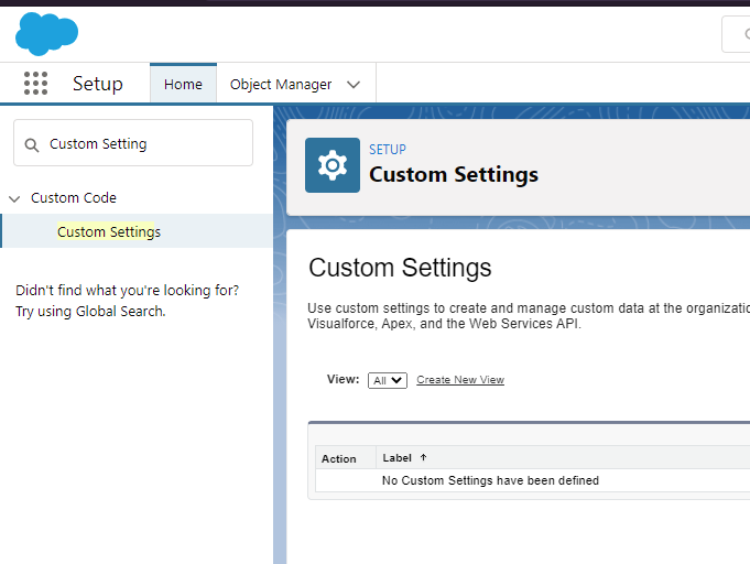 Custom Settings screen from Setup