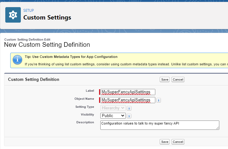 Create new Custom Setting definition