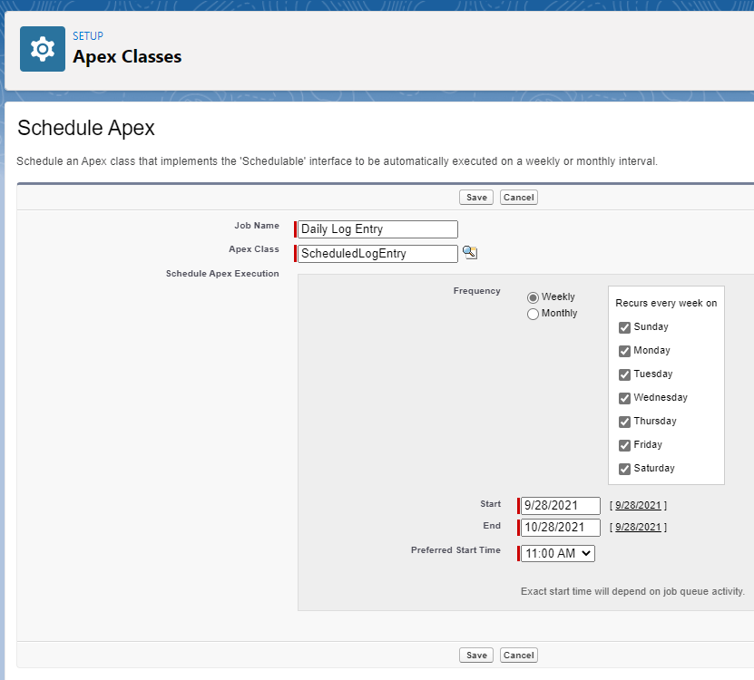 Schedule Apex entry screen in Salesforce