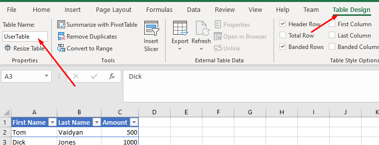 Setting a name for an Excel table.
