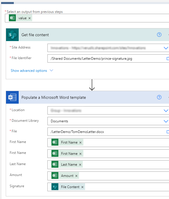 Flow design showing get file connector (from SharePoint) and populate a Word Template connector