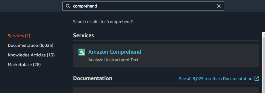 search results showing Amazon Comprehend in the search bar for Amazon AWS Management Console.