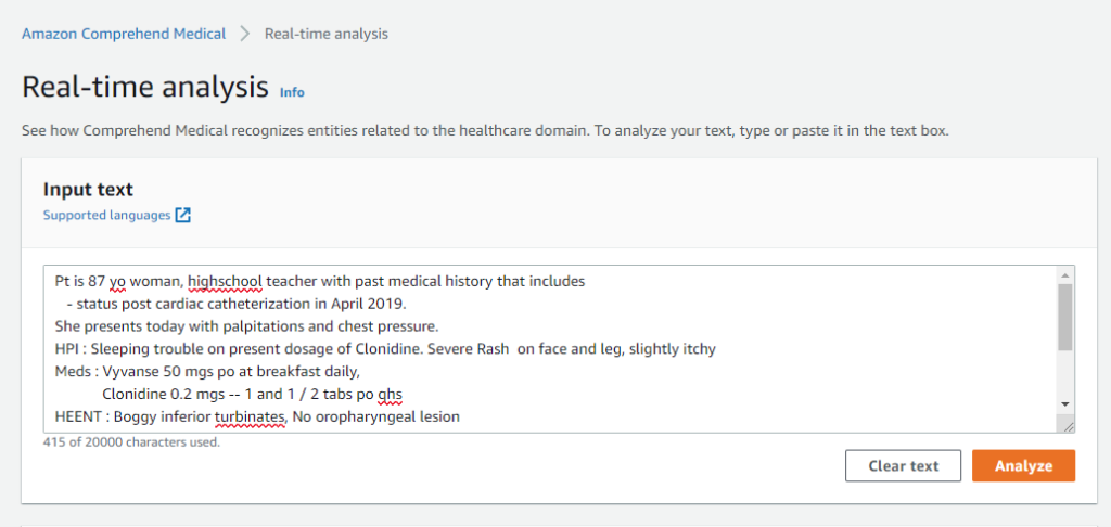 Input Text box that you can use to enter your own input data for Amazon Comprehend Medical to analyze.