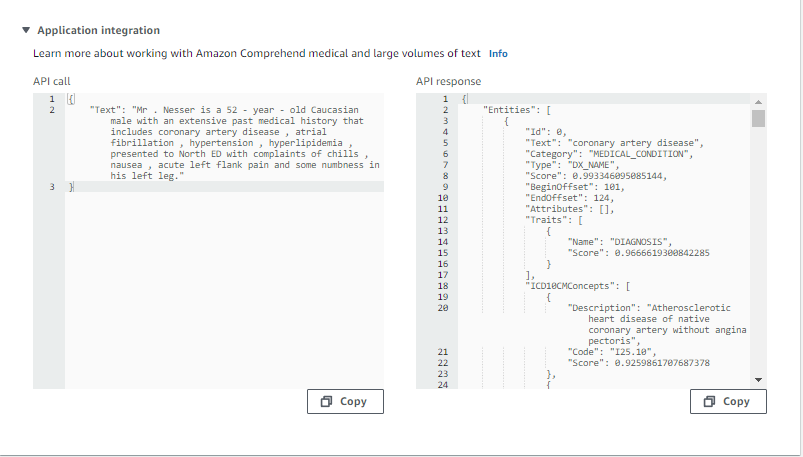 Amazon Comprehend Medical dashboard showing the JSON representing the input and output of the underlying API call.