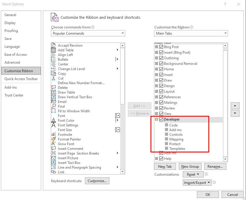 Microsoft Word Options dialog with Customize Ribbon screen showing the "Developer" menu option.