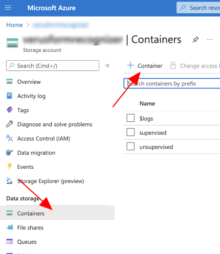 Creating a container under an Azure Storage account.