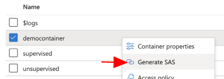 Generate SAS for your Azure Blob Storage container menu item.