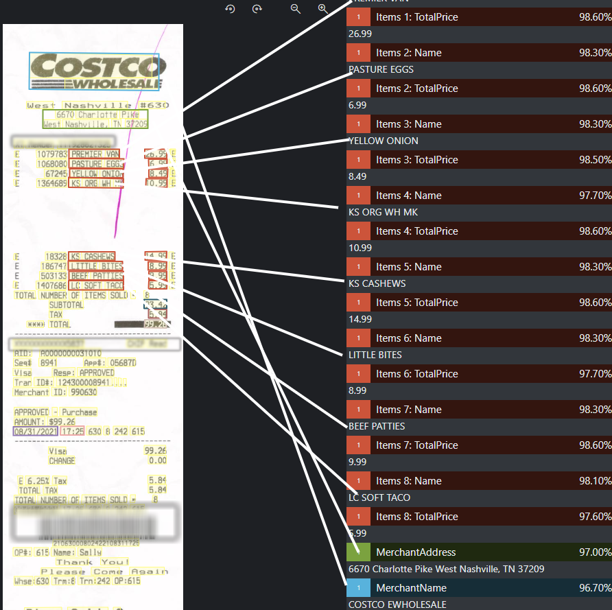 Form Recognizer auto-analyzed a Costco receipt.