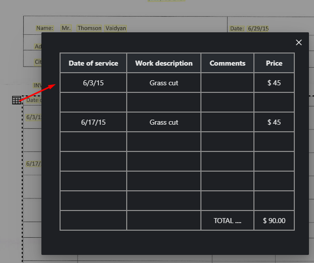 Layout analyzer identifying a table in a scanned document.