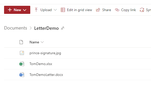 signature file, excel file with data and word letter template in SharePoint