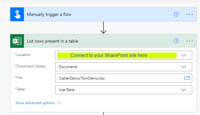 Power Automate flow - connect to SharePoint and select the Excel file with the input data.