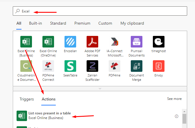 List rows present in a table trigger within the Excel Online (Business) connector.