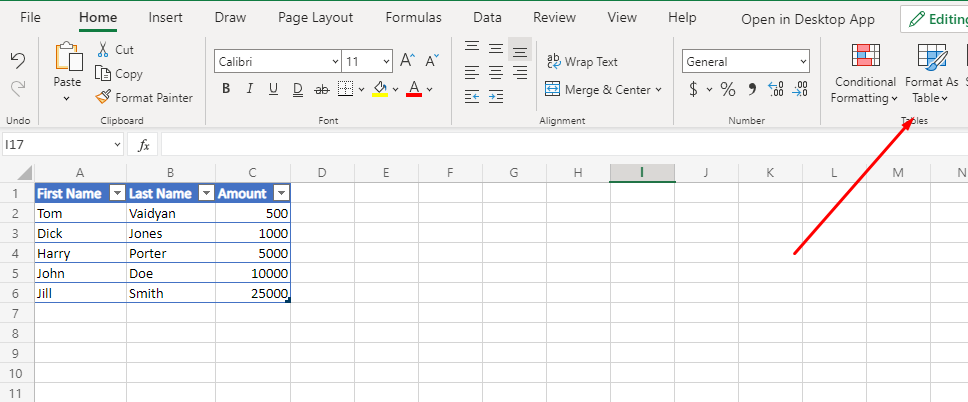 Excel file with an Excel table