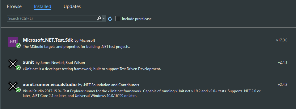 NuGet package manager window showing the xUnit package along with the Microsoft test SDK and xUnit VS runner