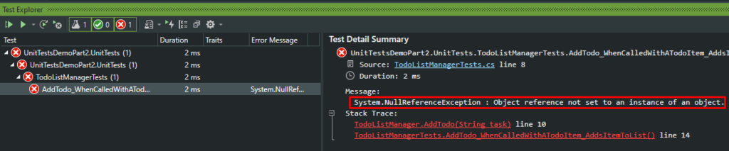 Failed unit test as there is a null reference exception in the code.