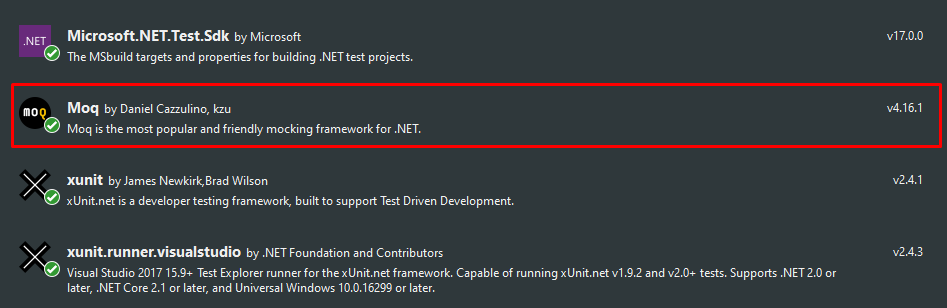 NuGet packages showing Moq