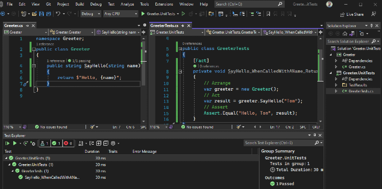 Visual Studio screen showing Greeter class and associated unit test.