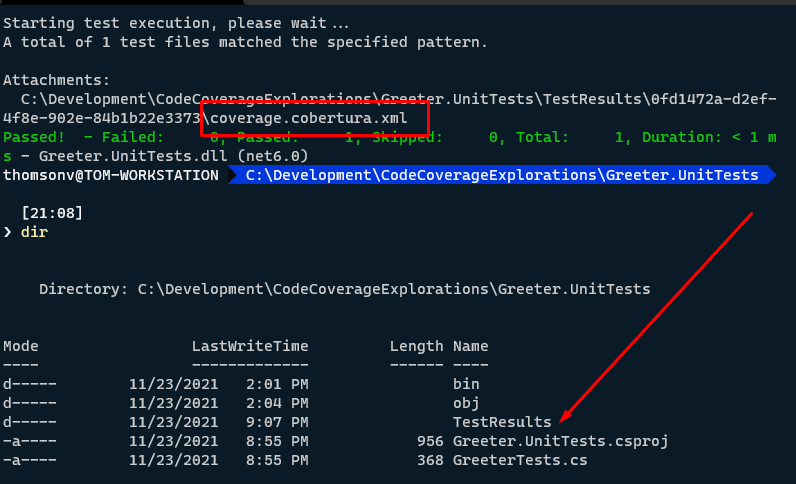 Windows terminal showing the generation of a coverage.cobertura.xml file.