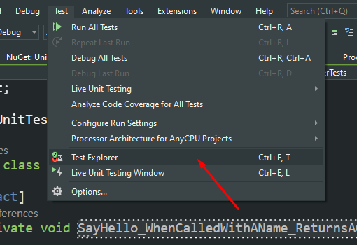 Test Explorer menu item in Visual Studio under the Test section.