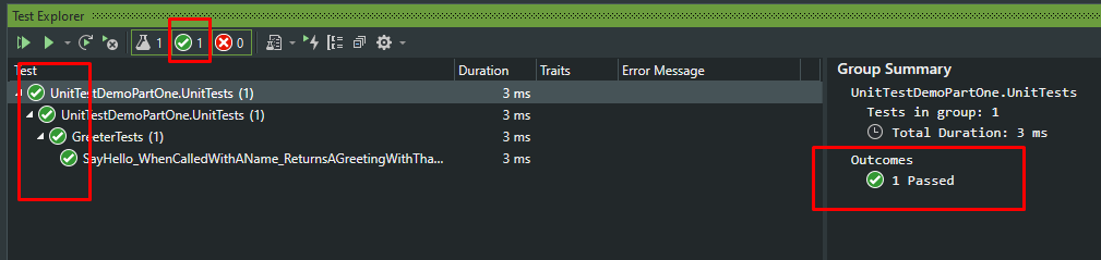 Test explorer showing that the unit test has passed.