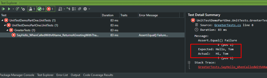 Test explorer showing the failed test.