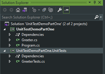 Solution Explorer showing a new .NET Core class library project for housing unit tests