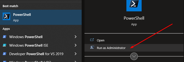 Windows start menu showing the PowerShell menu item and "Run ad Administrator" option