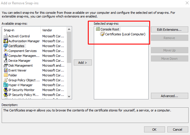 Microsoft management console (MMC) with the Certificates snap-in selected.