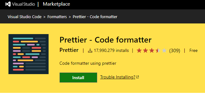 Prettier extension page on Visual Studio Marketplace