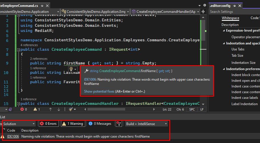 Visual Studio showing warnings based on .editorconfig file