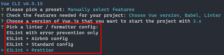 Vue CLI providing various ESLint options for you to choose from