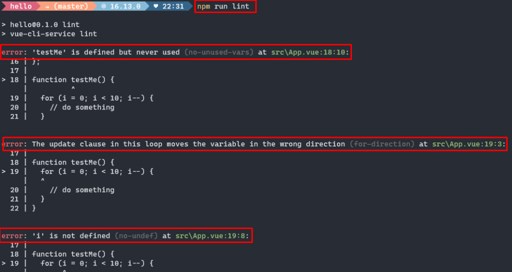 eslint displaying linting errors in the console.