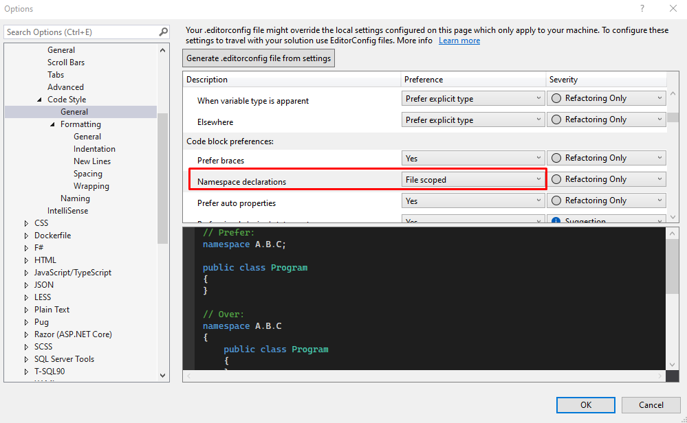Visual Studio settings pane allowing you to set the default to use file-scoped namespaces.