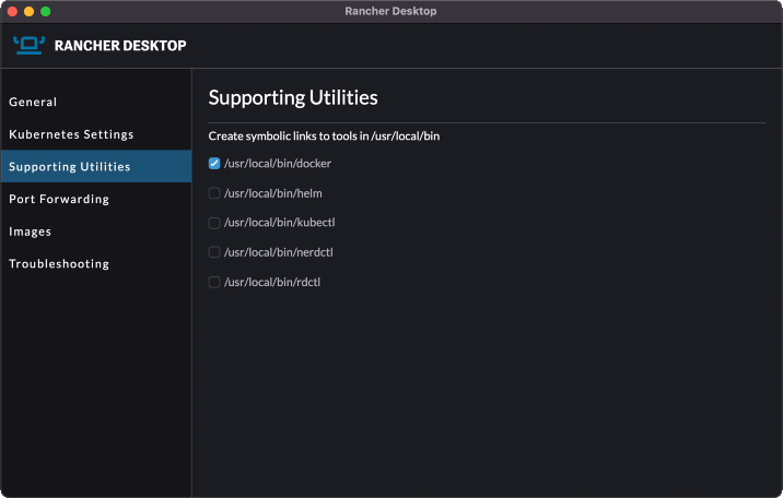 Supporting Utilities tab in preferences window of Rancher desktop with the docker option selected