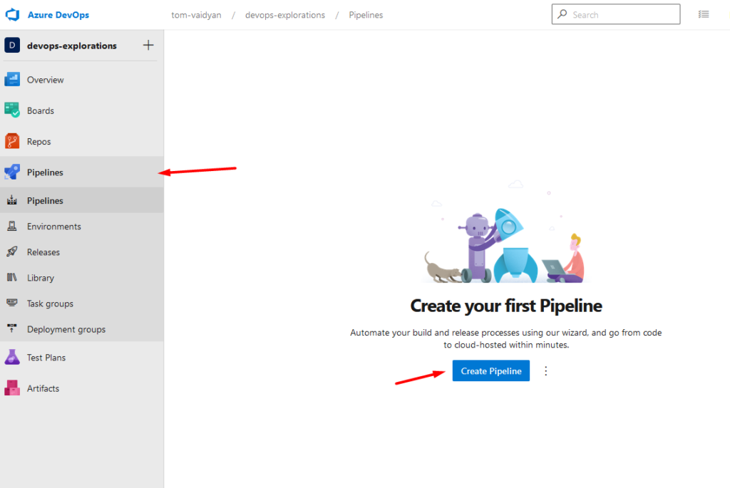 Create your first pipeline screen in Azure Devops.