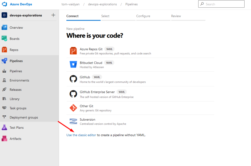 Classic editor link to create a build pipeline in Azure Devops the old way