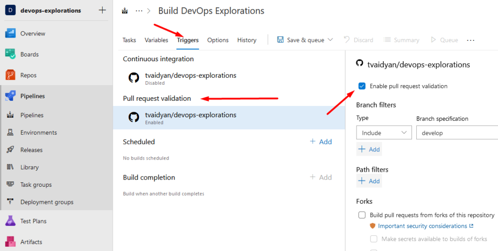 pull request validation option in Azure DevOps