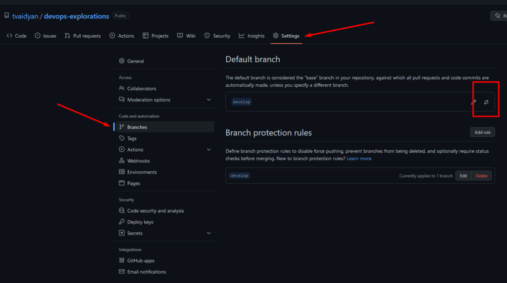 branches pane under the settings menu in github