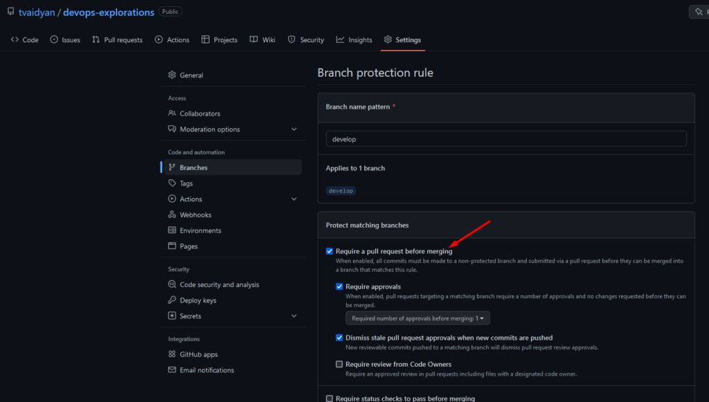 branch protection rules screen in GitHub