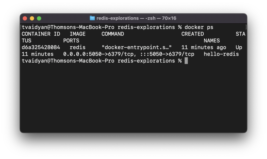 Docker ps command showing the hello-redis instance running.