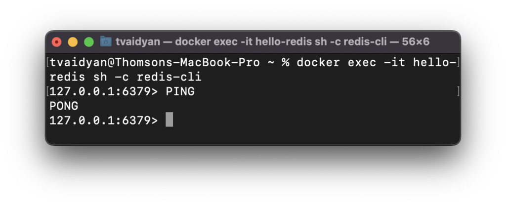 terminal showing the redis cli running within a shell within the hello-redis container