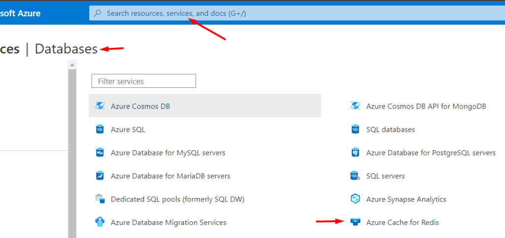 Azure database services listing including the Azure Cache for Redis link.
