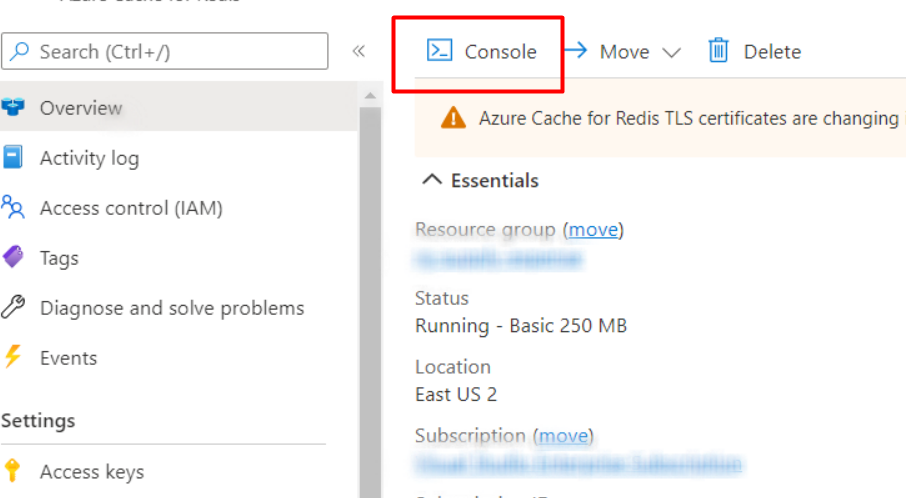 Azure Cache for Redis overview page on Azure with the Console button highlighted