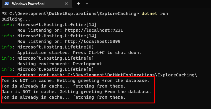 Console output showing repeat requests being fetched from cache.